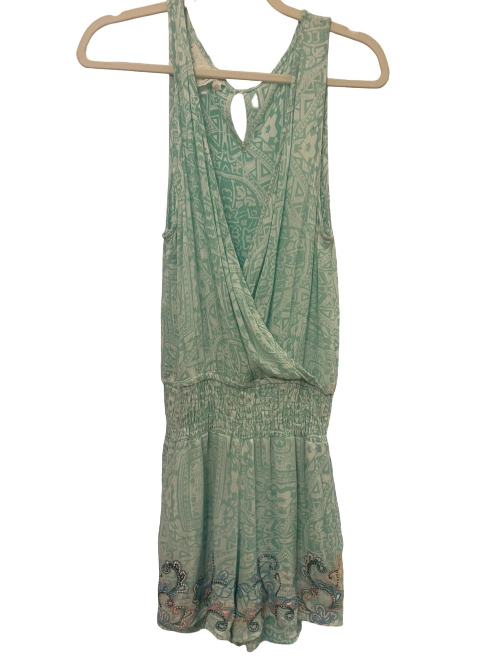 Green Dragon Mint Green Sleeveless Boho Cottagecore Beaded Aztec Romper Small